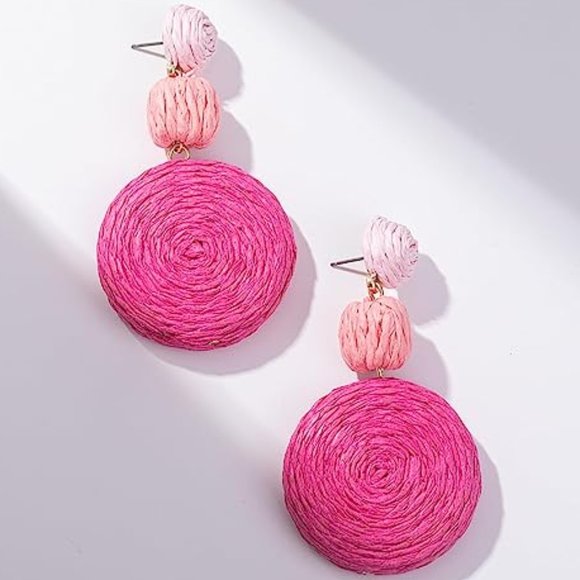 Chunky Pink Gradient Raffia Earrings Wicker Bold Retro Statement Dangle 80s New - Picture 4 of 8